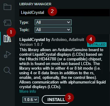 Installieren der Bibliothek LiquidCrystal über den Bibliotheksmanager der Arduino IDE