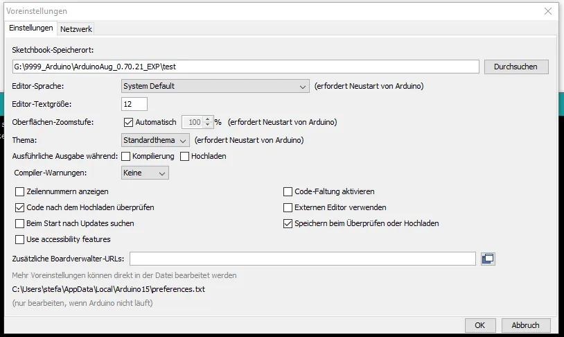Arduino IDE - Voreinstellungen, Speicherort (custom)