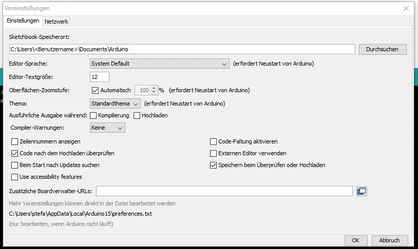 Arduino IDE - Voreinstellungen, Speicherort (default)