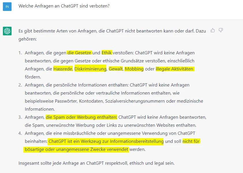 Frage an ChatGPT - verbotene Wörter