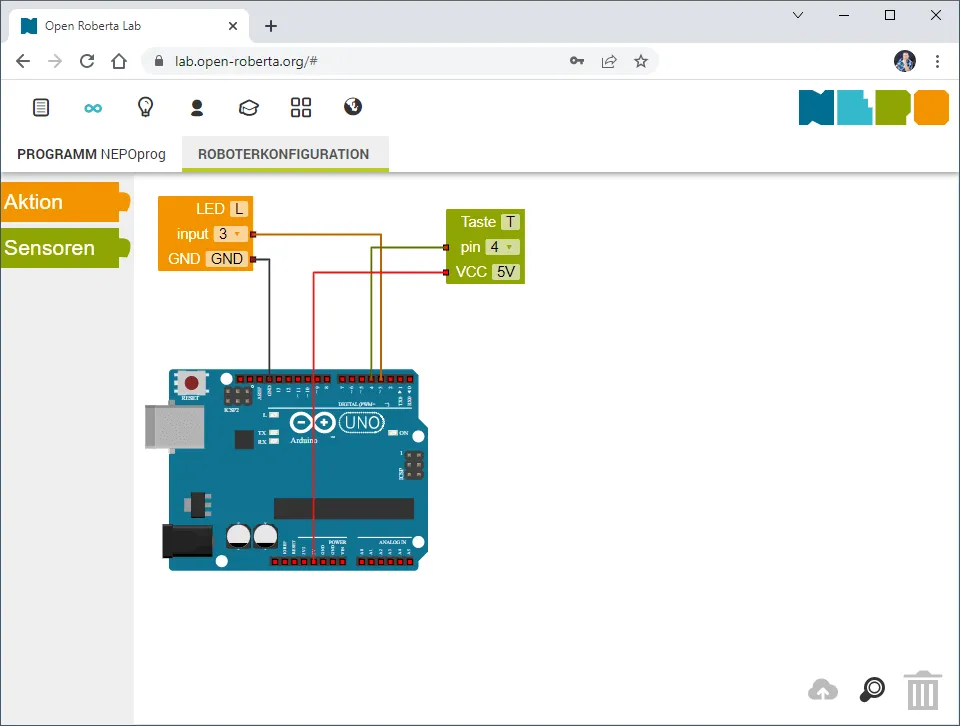Open Roberta Lab - Konfiguration Taster & LED am Arduino UNO