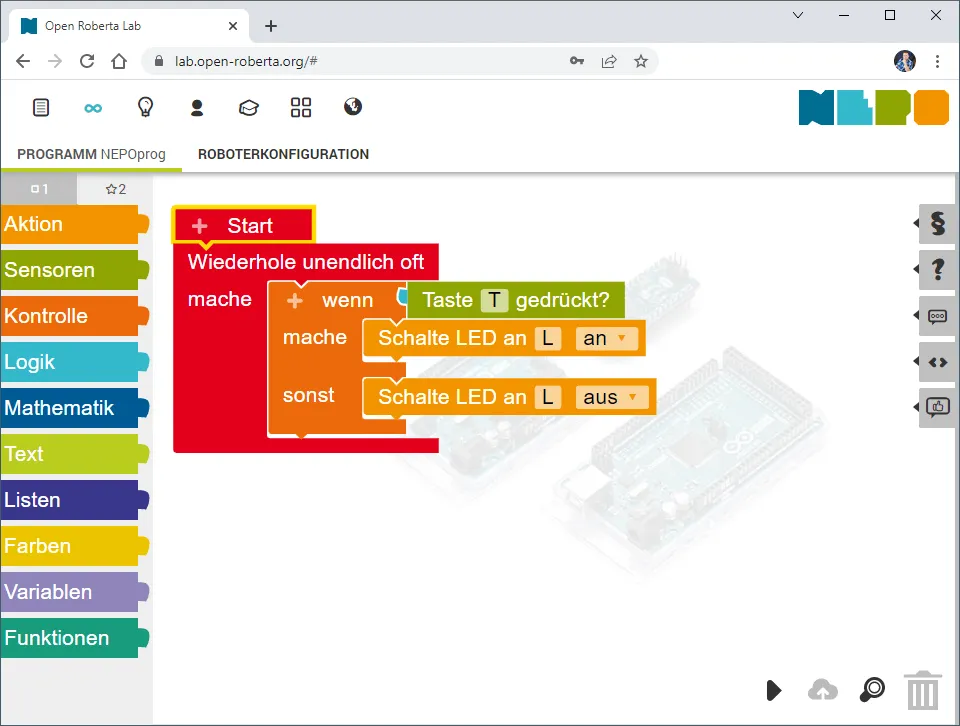 Open Roberta Lab - programm zum schalten einer LED per Grove Button - default LOW