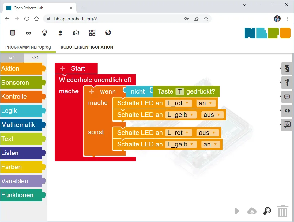 Open Roberta Lab - Programm zum Schalten einer LED per Grove Button - default HIGH
