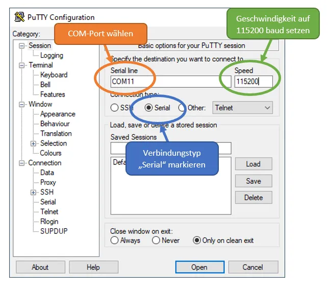 Einstellungen für Putty zum Aufbau einer Verbindung zu PicoMite
