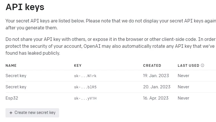 OpenAI Liste der generierten API Keys