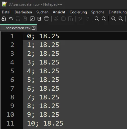 CSV-Datei mit Sensordaten vom DS18B20 Sensor