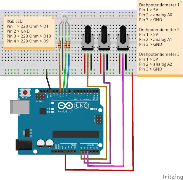 Schaltung - Arduino UNO mit RGB LED & Drehpotentiometer