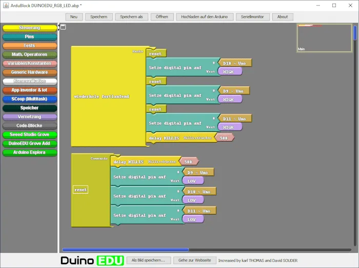 Programm - Farbwechsel einer RGB LED in der DUINO EDU