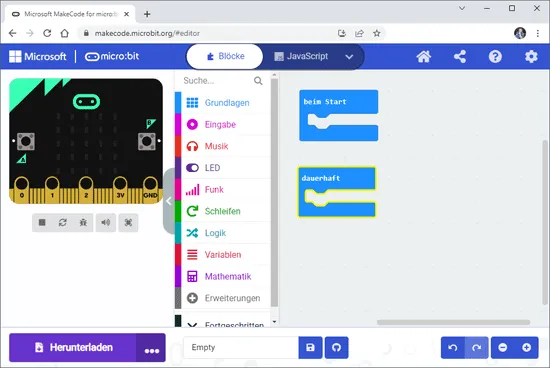 Oberfläche von MakeCode von Microsoft