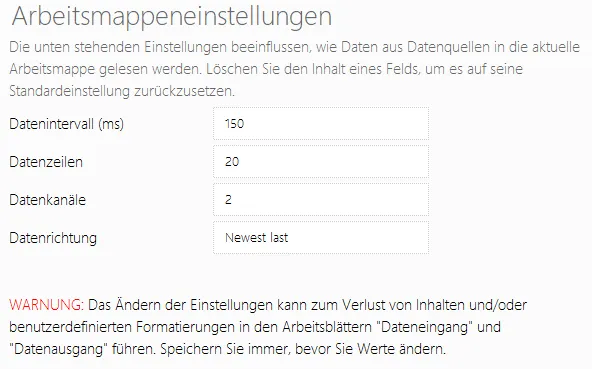 Datastreamer - Einstellungen der Arbeitsmappe