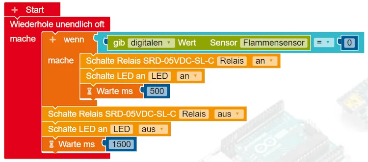 Open Roberta Lab - Programm zum aktivieren eines Relais & LED mit einem Flammensensor