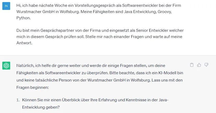 ChatGPT - Gesprächspartner für ein Vorstellungsgespräch