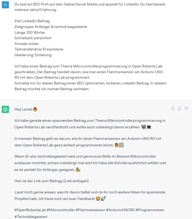SEO Profi zur Generierung eines LinkedIn Beitrages in ChatGPT