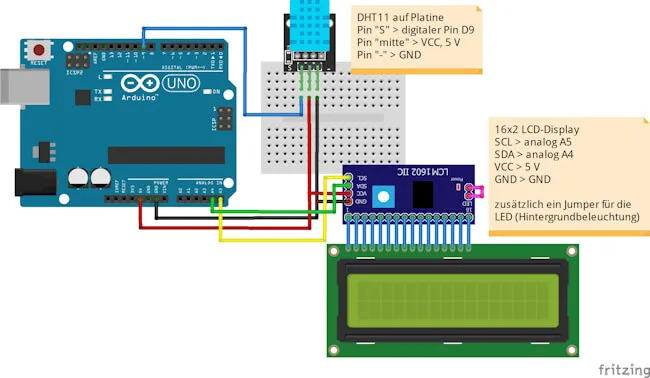 Arduino UNO mit DHT11 Sensor & 16x2 LCD-Display