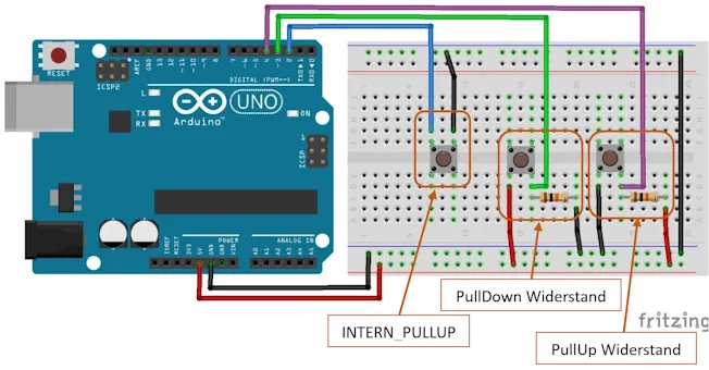 3 Varianten zum Anschluss eines Tasters am Arduino UNO