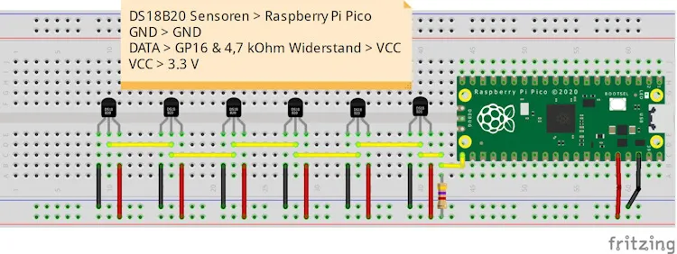 Schaltung - mehrere Temperatursensoren vom Typ DS18B20 am Raspberry Pi Pico / Pico W