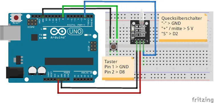 Schaltung - Arduino UNO mit Quecksilberschalter & Taster