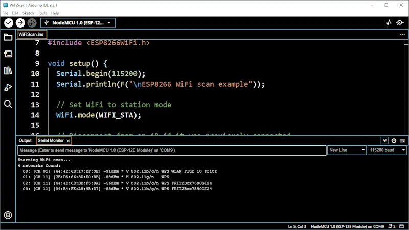 Ausgabe des Beispieles WiFiScan aus den ESP8266 Beispielen