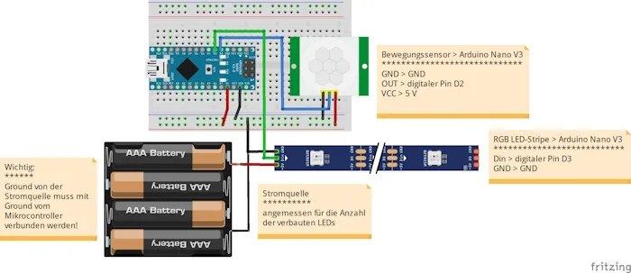 Schaltung - Arduino Nano V3 mit Bewegungssensor HC-SR501 und LED-Stripes