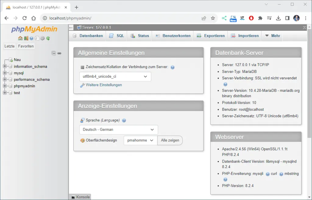 Webseite - phpMyAdmin für die Verwaltung der MySQL Datenbank im XAMPP