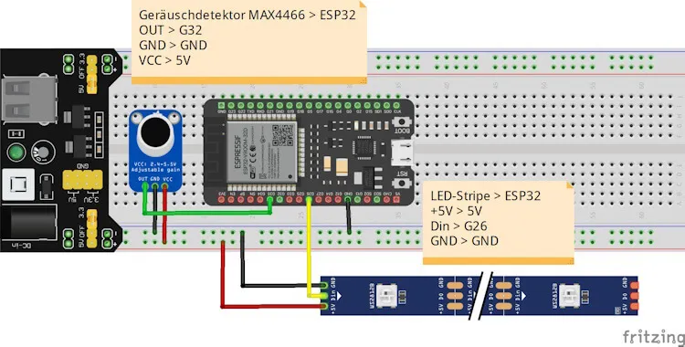 Schaltung - ESP32 mit Geräuschdetektor MAX4466 und LED-Streifen