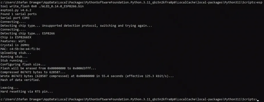 Flashen des ESP8266 für WLED mit esptool