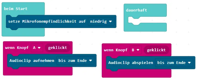 Programm in MakeCode zum Aufnehmen und Wiedergeben von Tönen am Calliope Mini 3