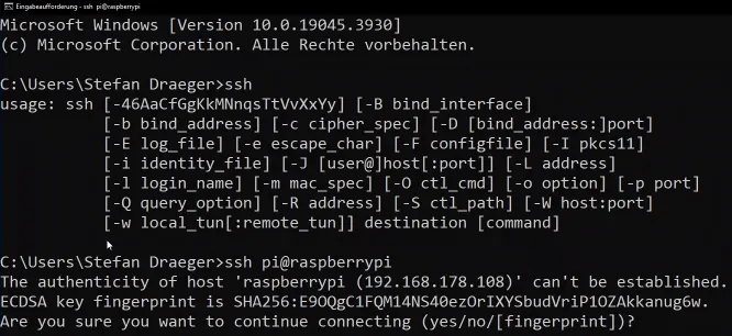 Aufbau einer SSH Verbindung von Windows 10 zum Raspberry Pi