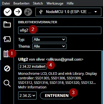 Bibliothek - U8g2 im Bibliotheksverwalter der Arduino IDE