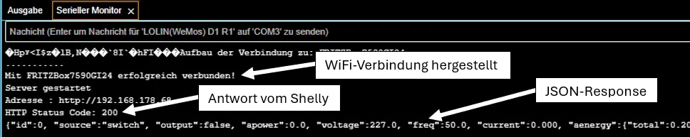 Ausgabe der Daten eines Shelly 1PM Mini Gen3 auf dem seriellen Monitor