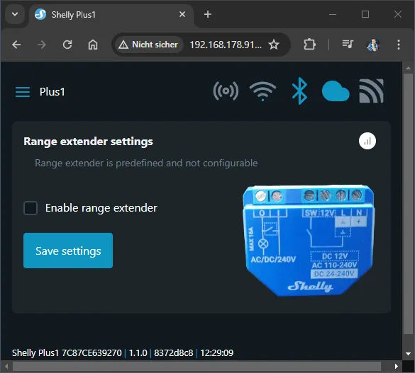 Option - Range Extender im Webinterface des Shelly Plus 1