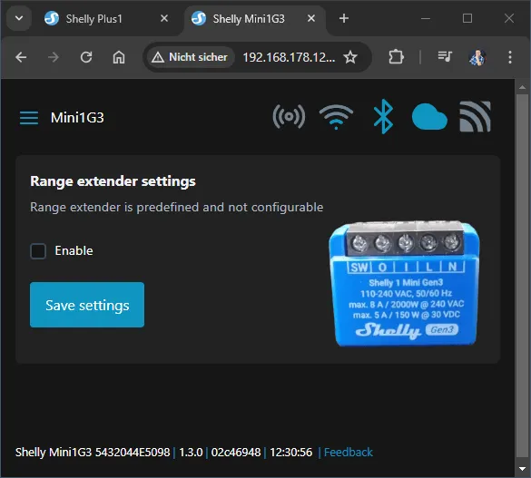 Option - Range Extender im Webinterface des Shelly 1 Mini Gen3