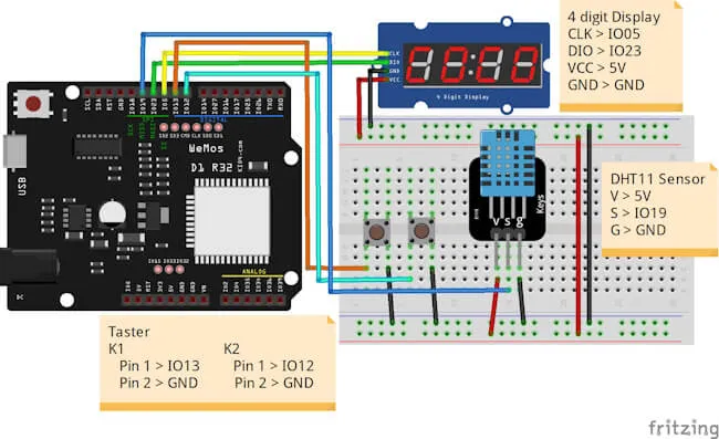 Schaltung - ESP32 mit DHT11 sensor,m 2 Taster und einer 4digit 7 Segmentanzeige