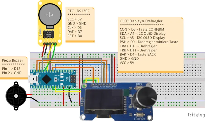 Schaltung - Arduino mit RTC DS1302, Piezo Buzzer & OLED-Display mit Drehregler Modul