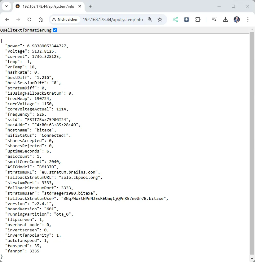 Daten aus der Bitaxe Gamma API
