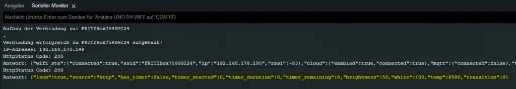 Antwort von der Shelly DUO Lampe beim setzen einer Helligkeit über REST-Call