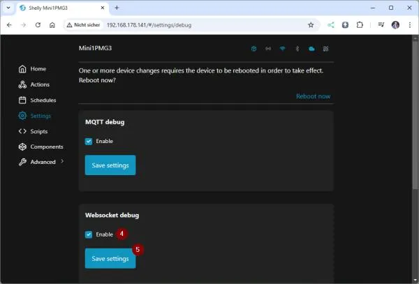 Schritt 2 - aktivieren der Websocket debug Meldungen
