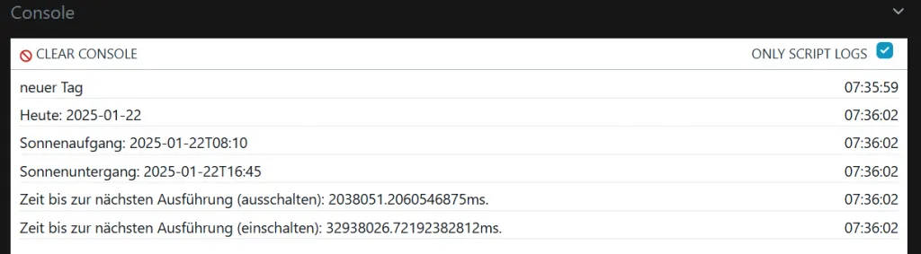 Shelly Scripting tageslichtabhängige Automatisierung - Ausgabe auf der Console