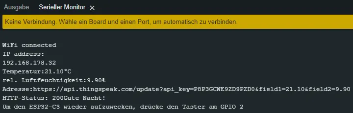 Ausgabe der Daten im seriellen Monitor - ESP32-C3 deep sleep & ThingSpeak
