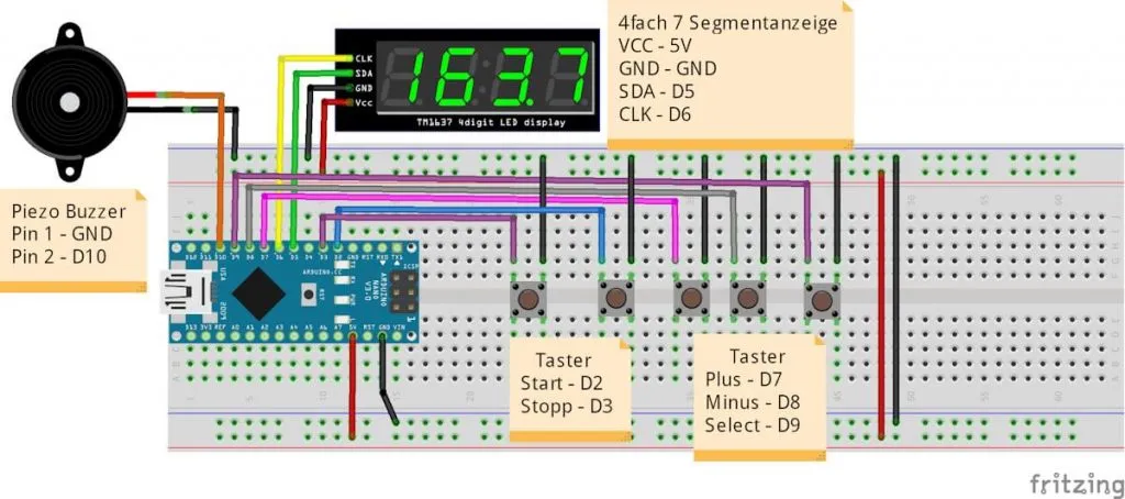 Schaltung - Arduino mit Taster - Segmentdisplay und Piezo Buzzer