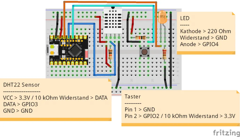 Schaltung - ESP32-C3 mit DHT22, Taster und LED für Deep Sleep