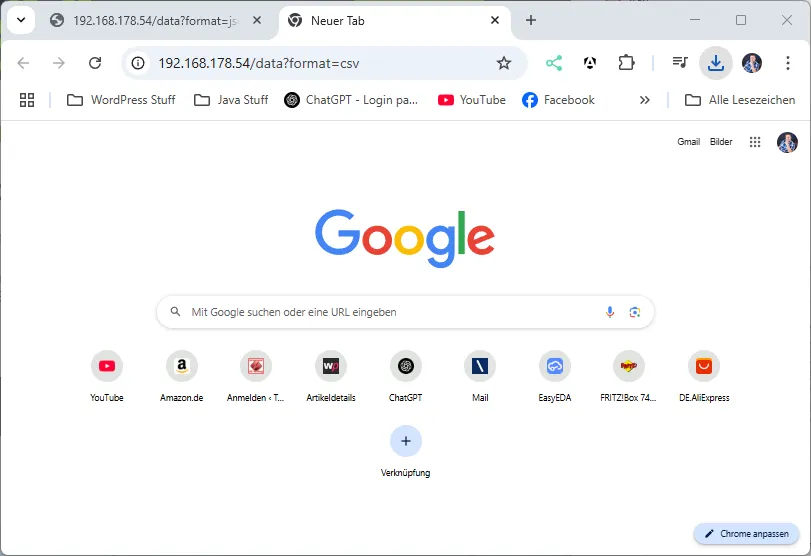 download der Daten als CSV-Datei vom ESP32-C3