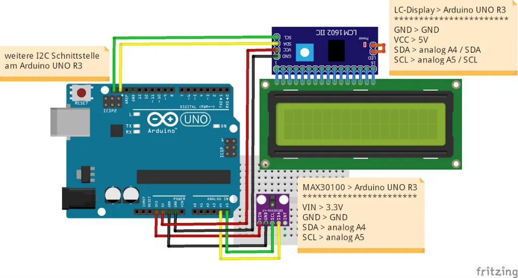 Schaltung - Arduino UNO R3 mit MAX30100 Sensor und LC-Display