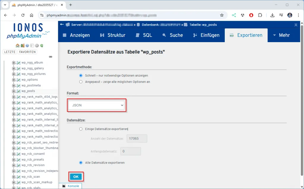 phpMyAdmin - Export - Step2