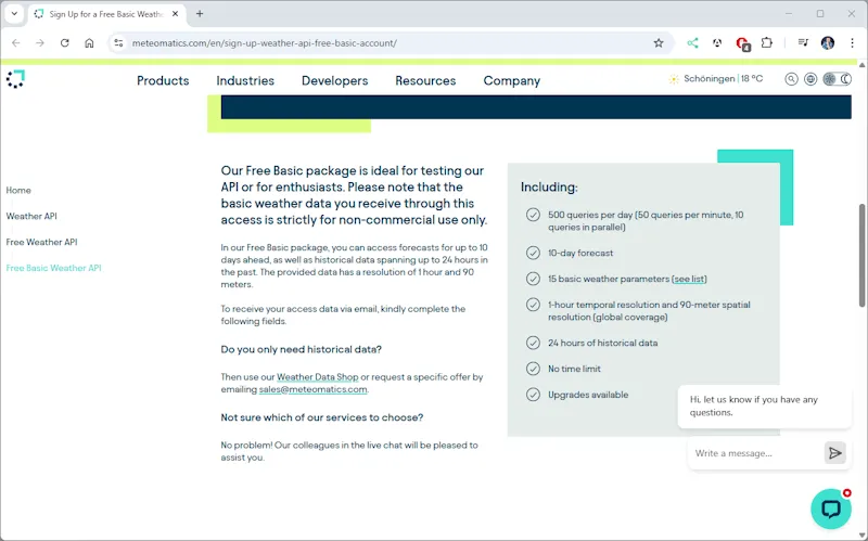 Parameter des kostenfreien Accounts von Meteomatics