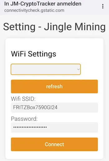 Jingle Mining - CryptoTracker - Einrichten - Step3 - Eingabe der WLAN Zugangsdaten