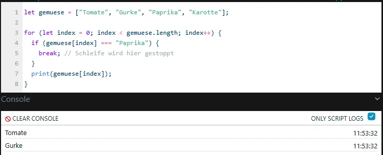 Shelly Scripting - Arrays - Abbrechen der ForSchleife mit break