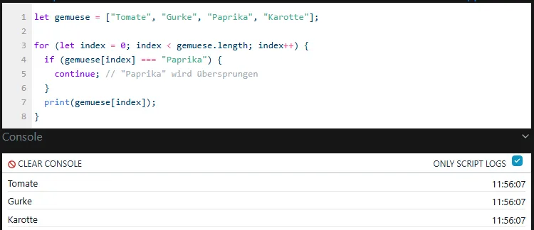 Shelly Scripting - Arrays - Überspringen von Elementen in der ForSchleife mit continue
