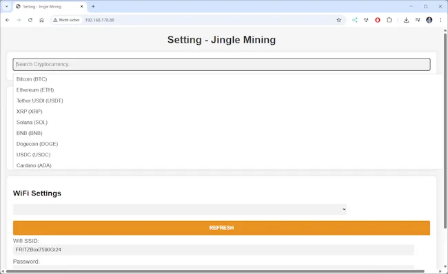 Weboberfläche - Jingle Mining - CryptoTracker - Auswahl Kryptowährung