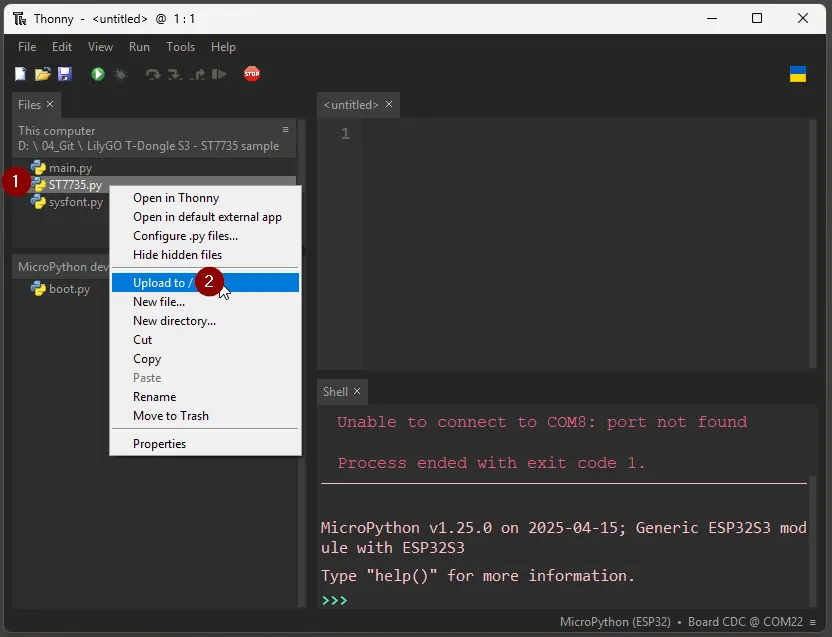 ST7735 Module auf den LilyGO kopieren - Step1